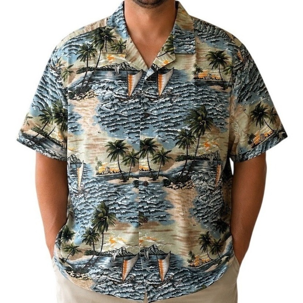 Aloha‎ Republic Mens Hawaiian Button Up Shirt 2XL Palm Trees Tropical Resortwear